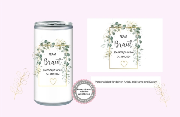 Prosecco Banderole PERSONALISIERT Aufkleber Sticker für JGA, Hochzeit, Getränke-Dosen-Banderole Design Eukalyptus Lüttentüddel®